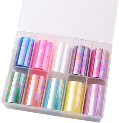 Plookyoe 10 Rolls Nail Foil Nail Transfer Foil Holographic Nail Art Foil Decals for Nails Fingernail Stickers