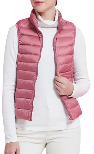 HOTIAN Gilet pour femme avec col montant - Gilet matelassé léger sans manches avec fermeture éclair - Gilet d'hiver chaud, Rose, L