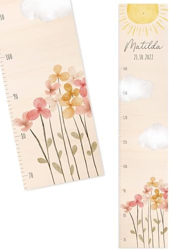 Bärenfreunde® - Personalisierte Messlatte Kind Holz zum Kleben oder Aufhängen - Skala 70-140cm - Süße Dekoration für Baby- & Kleinkinderzimmer (Kinder 70-140cm, Blumen und Sonne)