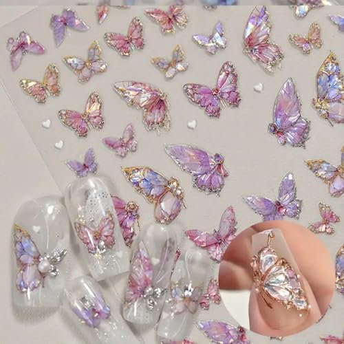 TELAIN Schmetterling Nagelkunst Sticker Aufkleber - Rosa Schmetterling 5D Geprägte Nagelaufkleber, Selbstklebende Maniküre-Zubehör für Frauen und Mädchen DIY Nageldekorationen