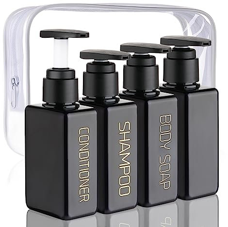 Travel Bottles Travel Accessories Toiletries 4 Pack 3.7oz/110ml Travel Shampoo and Conditioner Bottles Empty Plastic Pump Bottle Dispenser Travel Size Bottles (3labels &1blank Black)