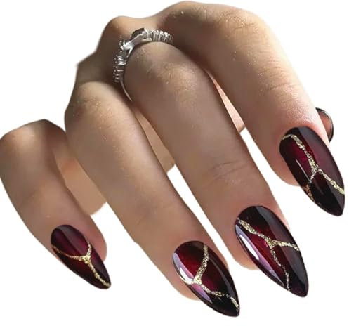 ZEPIQOR 24 Faux Ongles Amande Court Français Rouge Foncé Press on Nails Ballerine Couverture Complète Acrylique Capsules Ongles Naturel Ongles à Coller pour Femmes et Filles press on nails