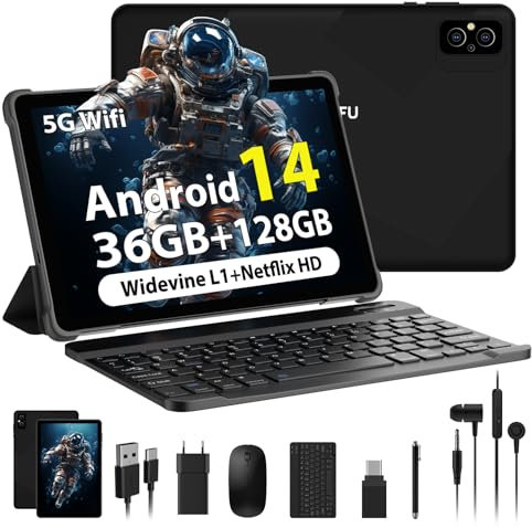 TIGERFU 10 Pollici Tablet Android 14, Tablet PC, 36GB RAM+128GB ROM (1TB TF), Quad-Core 2.0 GHz, 5G WiFi丨GPS丨Widevine L1丨Bluetooth 5.0丨8000mAh丨8MP+5MP, Tablet con Tastiera, Mouse e Penna - Nero