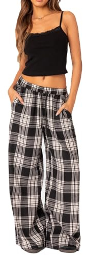 Geagodelia Damen Pyjamahose Sommer Pyjama Hosen Schlafhose Leichte Gestreifte Lange Hose Y2k Lounge Pants Sommerhose Freizeithose Nachtwäsche (G - Schwarz Weiß Karierte, M)