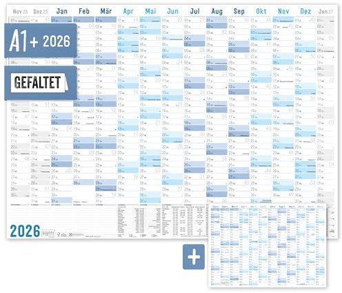 Häfft® XXL Wandkalender 2026 groß A1 + quer (89 x 63 cm), gefalzt, 15 Monate: Nov 2025 - Jan 2027 inkl. A4-Jahresplaner, Wandplaner Blau - nachhaltig & klimafreundlich