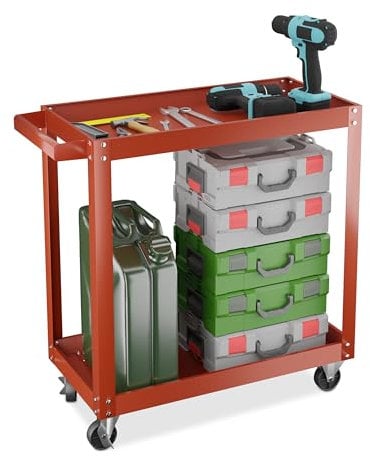 Relaxdays Carrello Portautensili Officina, Carrellino a 2 Ripiani Porta Attrezzi Lavoro, 76x78x35 cm, Max. 100 kg, Rosso, Acciaio, Gomma, Ferro