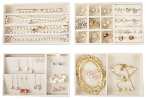 Cecijelry Organizador de cajones de joyas, bandeja apilable de terciopelo para cajones de cómoda, vitrina plana apilable para anillos, collares, accesorios (juego de 4)