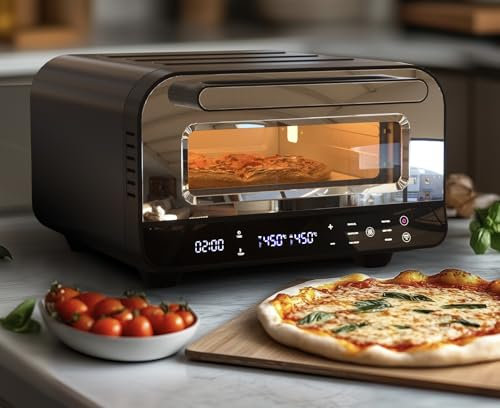 Indoor Countertop Pizza Maker, 6 Presets, 450℃ Electric Oven with Timer, Pizza Stone and Peel Included, 1850W