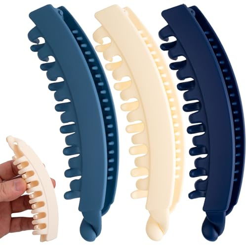 Winsyison 3pcs Banana Hair Clips, Non-Slip Large Hairstyle Claws for Women, Vintage 90 Style Double Combs Hairpin Accessories for Thick Thin Fine Curly Straight Long Hair- Dark Blue & Blue & White