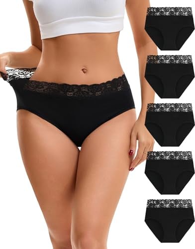 INNERSY High Waisted Knickers for Women Lace Trim Ladies Full Briefs 5 Pack | Breathable 100% Cotton Gusset, Soft Stretchy Underwear, High Leg Cut Panties, Tag-free, Elegant & Feminine, Comfy Daily Wear