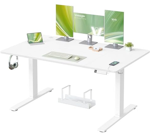 VASAGLE Höhenverstellbarer Schreibtisch, 140 x 80 cm, USB-C-Anschluss | Schreibtisch, Ablage für Steckdosenleiste, 3 Speichertasten, Erinnerung bei langem Sitzen, wolkenweiß LSD144WZ02