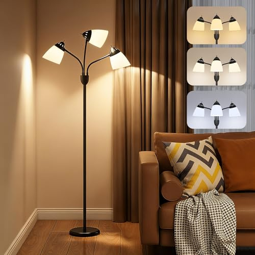 HOMCOM Arc Tree Floor Lamp with 3 Adjustable Rotating Lights and 3000K/4500K/6500K Colour Temperatures, Industrial Standing Lamp with Steel Frame for Bedroom Living Room, 155cm, Black