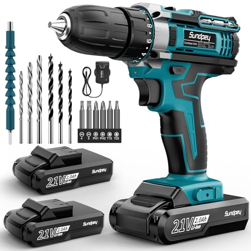 Sundpey Cordless Drill Set 21V - 2 x 2.0Ah Battery Drill Cordless Rechargeable, Electric Screwdriver with 18+1 Torque, 2 Speed, 3/8 Keyless Chuck & Spirit Level, 45N.m Power Drill for Home Repair DIY