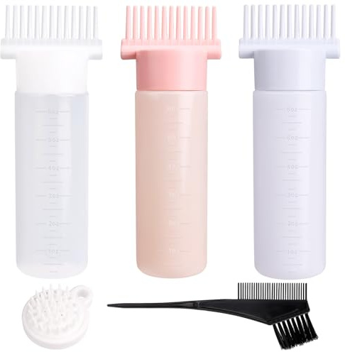 3 Piezas Botellas Aplicadoras de Peine para Raíces, 180ml Aplicador Aceite Pelo con Cepillo de Masaje y Pincel para Tinte para Doméstico y Salones de Belleza