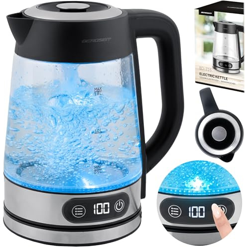 Berdsen Elektrischer Wasserkocher mit Temperaturregelung 40-100°C - Glas LED - Touch-Display - 2200 W - 1,8 l - Edelstahl - Silber-Schwarz
