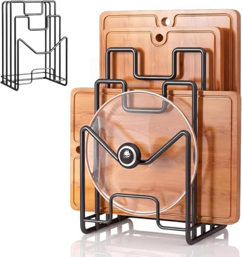 Dexpally Porta Taglieri Da Cucina in Metallo Nero, Supporto per Taglier con 4 Scomparti per Coperchi di Pentole, Spatole, Piatti e Teglie