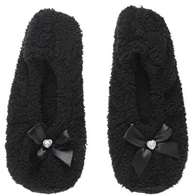 AJVANI Womens ladies elastic slip on fleece winter heart gem bow slippers non slip socks size