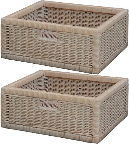 korb.outlet Set / 2 Regalkorb Vintage Weiss ca. 42x32x17,5 mit Holzrahmen Rattan Schubfach Box zur Aufbewahrung Schrankkorb Griff