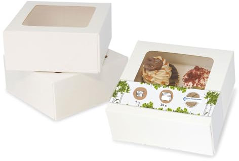 BIOZOYG 4er Cupcake Muffin Box Karton mit großem Sichtfenster inkl. Einlage I 25 Stück Patisserieschachteln Geschenkboxen weiß I Bio Box Take Away Kartonschachtel biologisch abbaubar