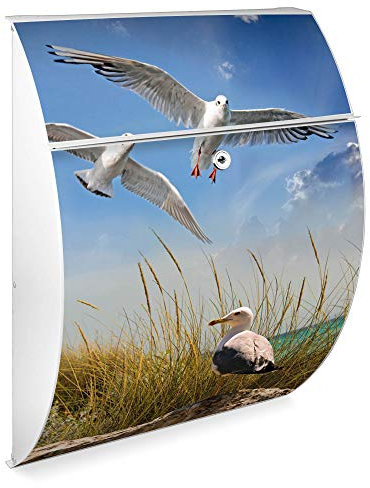 Burg Wächter Design Briefkasten | Modell Riviera 46cmx33,5cmx13cm groß | verzinkter Stahl Weiß | Postkasten mit Öffnungsstopp, großer A4 Einwurf, Zylinderschloss, 2 Schlüssel | Motiv Möwen