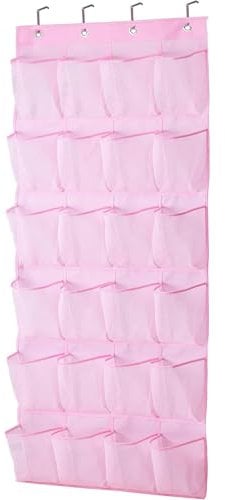 MISSLO Kids Over Door Hanging Shoe Storage Organiser Baby Closet Storage Rack Breathable 24 Large Mesh Pockets for Toddler Girl, Pink