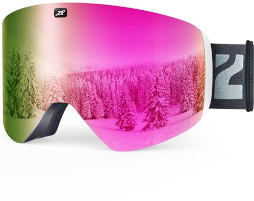 ZIONOR X11 Ski Snowboard Snow Goggles with Magnetic Interchangeable Dual Layer Cylindrical Lens Anti-Fog UV Protection for Men Women Adult （VLT 15% White Frame Clear Rose Lens）