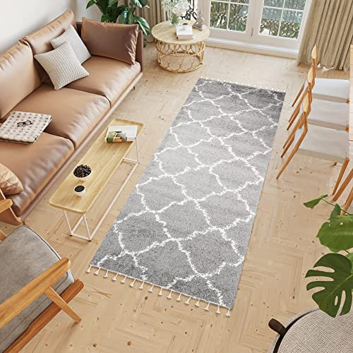 TAPISO Boho Teppich Läufer Kurzflor Shaggy Dunkelgrau Creme Gitter Marokko Fransen Schlafzimmer Wohnzimmer Design Modern 100 x 250 cm