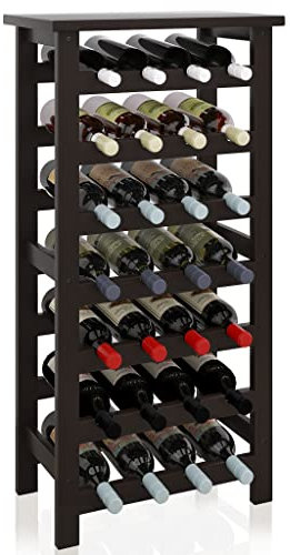 SMIBUY Bamboo Wine Rack, 28 Bottles Display Holder with Table Top, 7-Tier Free Standing Storage Shelves for Kitchen, Pantry, Cellar, Bar (Black)