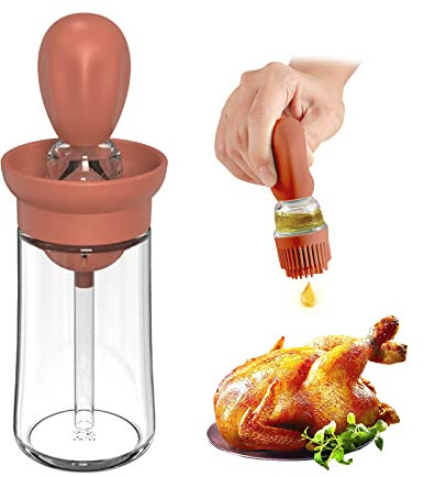 Spruzzatore di Olio con Pennello 2 in 1, 180ml Pennello da Pasticceria in Silicone Portatile Bottiglia di Olio per cucinare,grigliare, Cuocere al Forno, Spruzzatore Olio Friggitrice Ad Aria (Brown)