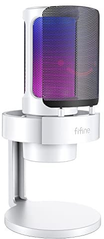 FIFINE Gaming USB PC Computer RGB Microphone for Live Streaming, Meeting, Podcasting, Video, Condenser Mic with Monitoring Headphone Jack, Light Control, for MAC OS/Windows-AmpliGame A8 White