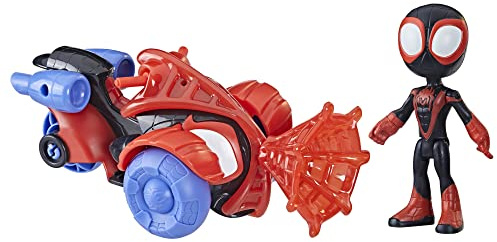 Marvel Spidey and His Amazing Friends Miles Morales Spider-Man Techno Racer Spielzeug, Actionfigur mit Fahrzeug und Zubehör, Vorschulspielzeug