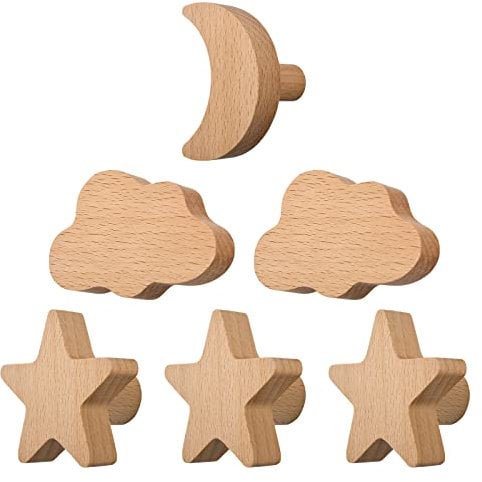 MOROBOR 6pcs Cloud Moon Star Shape Wooden Wall Hooks, Cabinet Door Handle, Nordic Style Decorative Hook Used for Bedroom, Living Room, Porch, Especially Children's Room