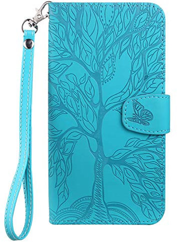 Aisenth Coque pour Xiaomi Redmi A1/Redmi A2, Arbre de Vie Papillon Motif Housse en Cuir Synthétique Cover à Rabat, Portefeuille Étui de Protection avec Fentes pour Cartes, Bleu Vert