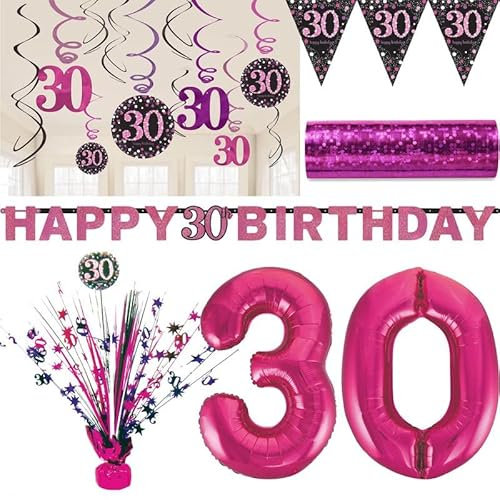 Playflip 30. Geburtstag Partyset Partyartikel Partydeko Dekoration pink schwarz Frau Deko Zahl 30