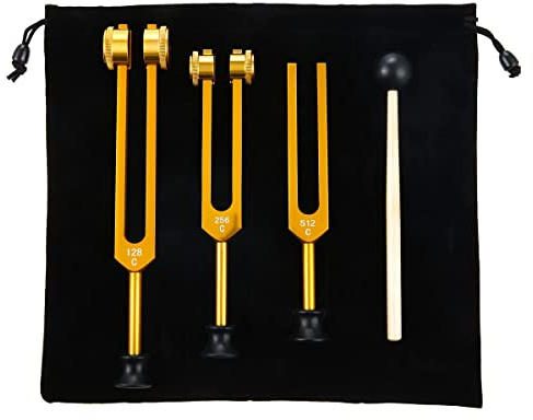 Tbkoeudhg Stimmgabel-Set, 3 Stimmgabel (128 Hz, 256 Hz, 512 Hz), Stimmgabeln für Heilung, TheRapie durch Ton, Schallschiebergabel (goldfarben)