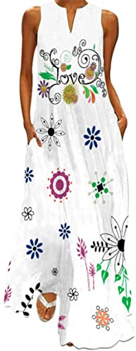 Ocean Plus Damen Maxikleid Vintage-Bedruckte Sommerkleid für Mehrfarbiges Langes Ärmelloses Kleid in Mehrfarben mit V-Ausschnitt (4XL, Blumenkranz)