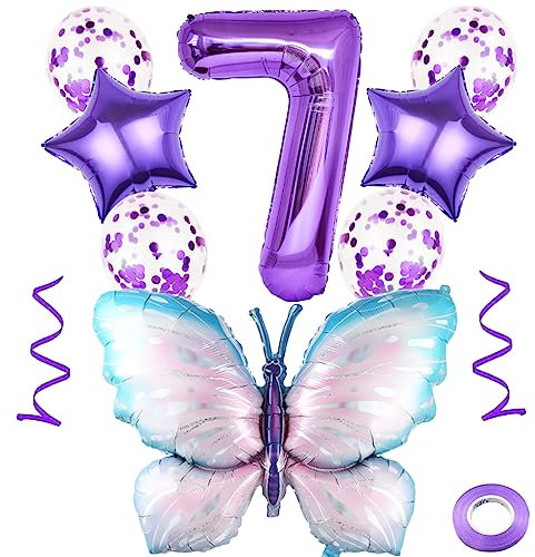 Weenkeey 7 Jahre Schmetterling Geburtstag Deko - Große Bunt Folienballon, Luftballon Lila Zahl 7 für Mädchen Party