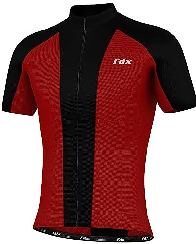 FDX Men’s Cycling Jersey - Short Sleeves Summer Biking Tops, Breathable Quick Dry Mountain Bike MTB Jersey, 1/4 Zip T Shirt for Running, Biking and Hiking (Brisk Red-L)