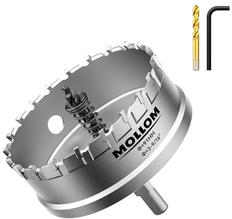 Mollom (91mm | 3-9/16) Scie cloche en carbure pour usage intensif avec 2 forets pilotes, coupe l'acier inoxydable, l'acier doux, le fer, le cuivre, le laiton et le plastique