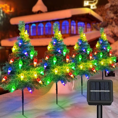 Ninonly Árbol de Navidad con Luces Solar, 4 Piezas Decoracion Navidad con 80 LED Guirnalda Luces de Fresa, Luces Solares Exteriores de Navidad, Jardín Decoración para Navidad Patio