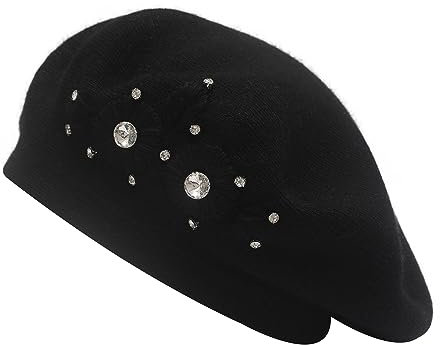 ZLYC Damen Wolle Baskenmütze Klassische Französischen Barett Warm Beret Mütze(Gestickte Blumen Schwarz)
