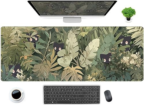 Kawaii Grüner Wald Niedliche Katzen Schreibtischunterlage, Salbeigrün Anime XL Großes Mauspad Gaming Schreibtischunterlage, tropische Pflanzenblätter Mousepad Schreibtischeinrichtung für Frauen Büro