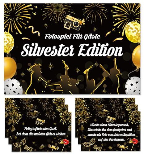 HOWAF Fotoaufgaben Silvester, 50 Fotoaufgaben Silvester Spiele für Kinder, Erwachsene, Lustige Silvesterspiele Fotospiel Selfie Spiel, Fotobox Accessoires Silvester Party Spiele für Gäste