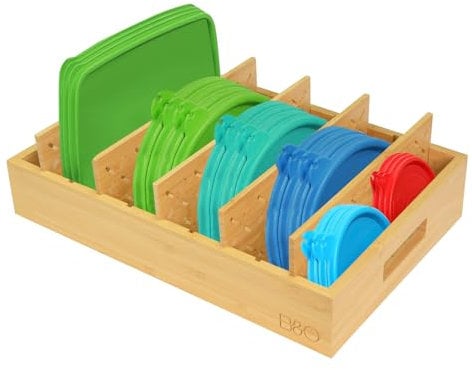 Volenx Bamboo Food Container Lid Organisers, Practical Lid Holder with 5 Adjustable Dividers, Lid Storage for Kitchen Countertop and Cupboard Organisers, Reusable, Large, 34.3 x 26 x 10cm