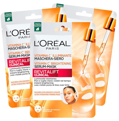 L'Oréal Paris Revitalift Clinical Masque Sérum Hydratant en Tissu Visage avec Vitamine C Illuminante - 3 Masques Jetables