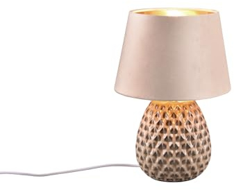 meineWunschleuchte Retro Tischleuchte mit Keramikfuß und Samtschirm in Beige/Gold, Höhe 35cm