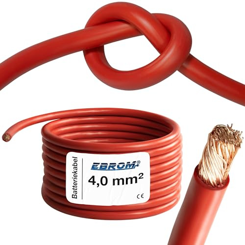 EBROM HI-FLEX 2 Meter hochflexibles Batteriekabel Pluskabel ROT 4 mm² | Batterie Kabel 4 mm2 - PLUSKABEL - extrem leicht verlegbar - für PV, Boot, Solar, Industrie, LKW, KFZ, Caravan