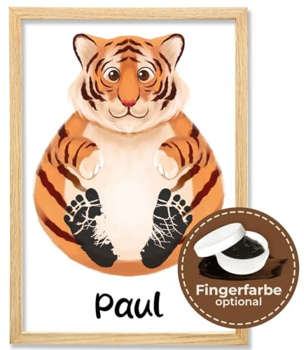 Baby Fussabdruck Set Bild mit Tiger Motiv – Süßes Baby Geschenk & Kinderzimmer Deko – Personalisiertes Baby Abdruckset ist perfekt als Personalisierte Geschenke Baby – Rahmen & Farbe Optional