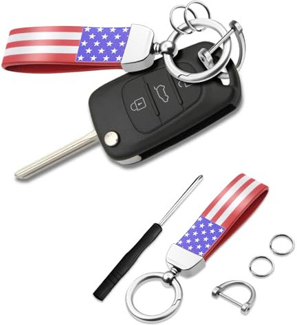 deemars Amerikanische USA Flagge Auto Schlüsselanhänger, 360 ° drehbar Anti-Verlust D-Ring Autoschlüsselanhänger, Flaggenschlüsselanhänger Universal Autozubehör für Männer (Rot+Silberfarben)