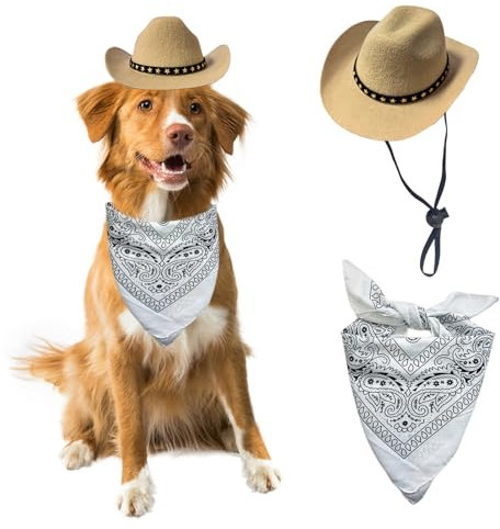 AWOCAN Cowboyhut für Hunde, Katzen, Cowboyhut, Mini-Cowboyhut für Hunde, Katzen, Cowboy-Kostüm mit Bandana, Schal, Urlaub, Halloween, Haustier-Party-Dekoration (Khaki, groß)
